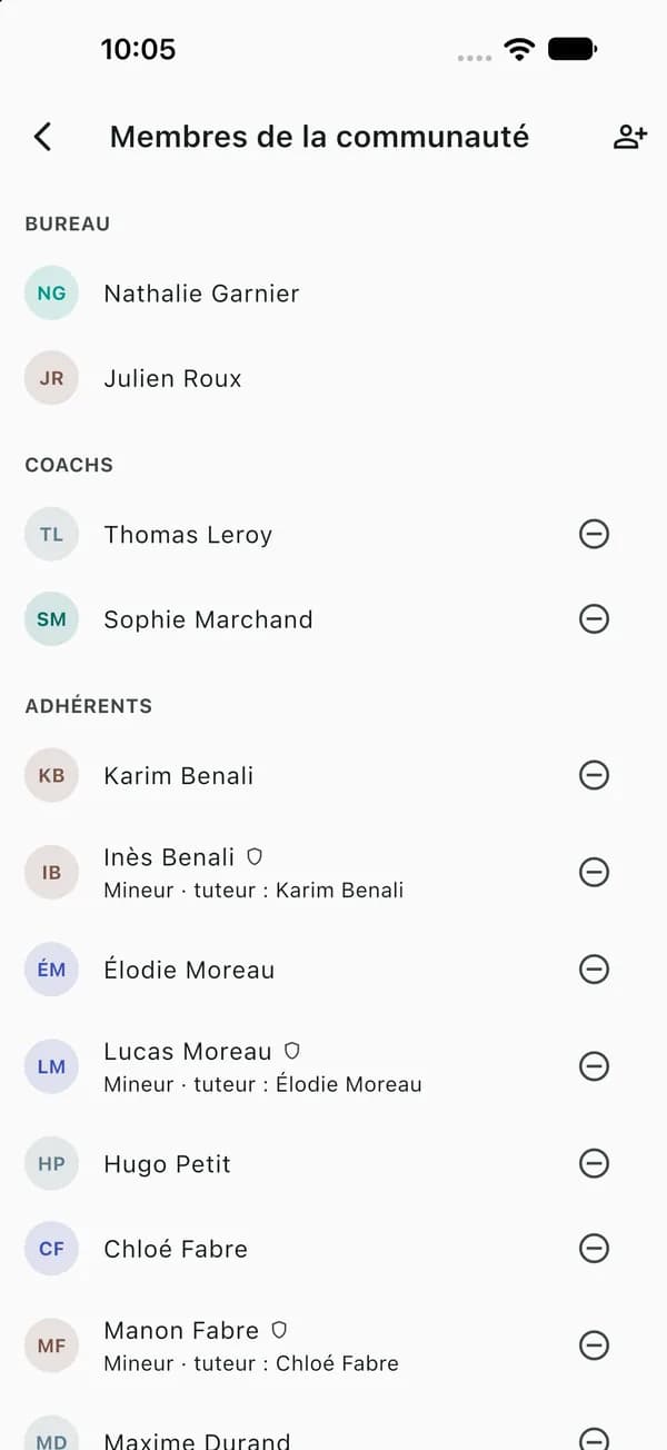 Écran des membres du club dans Convoc