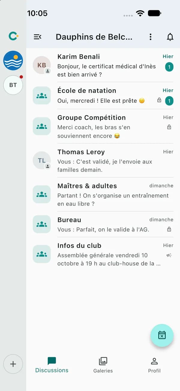 Écran des salons du club dans Convoc
