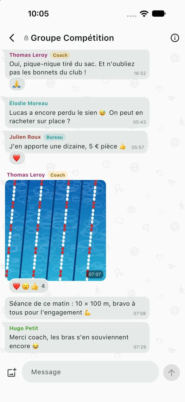 Conversation du groupe Compétition, avec des messages, une photo et des réactions.