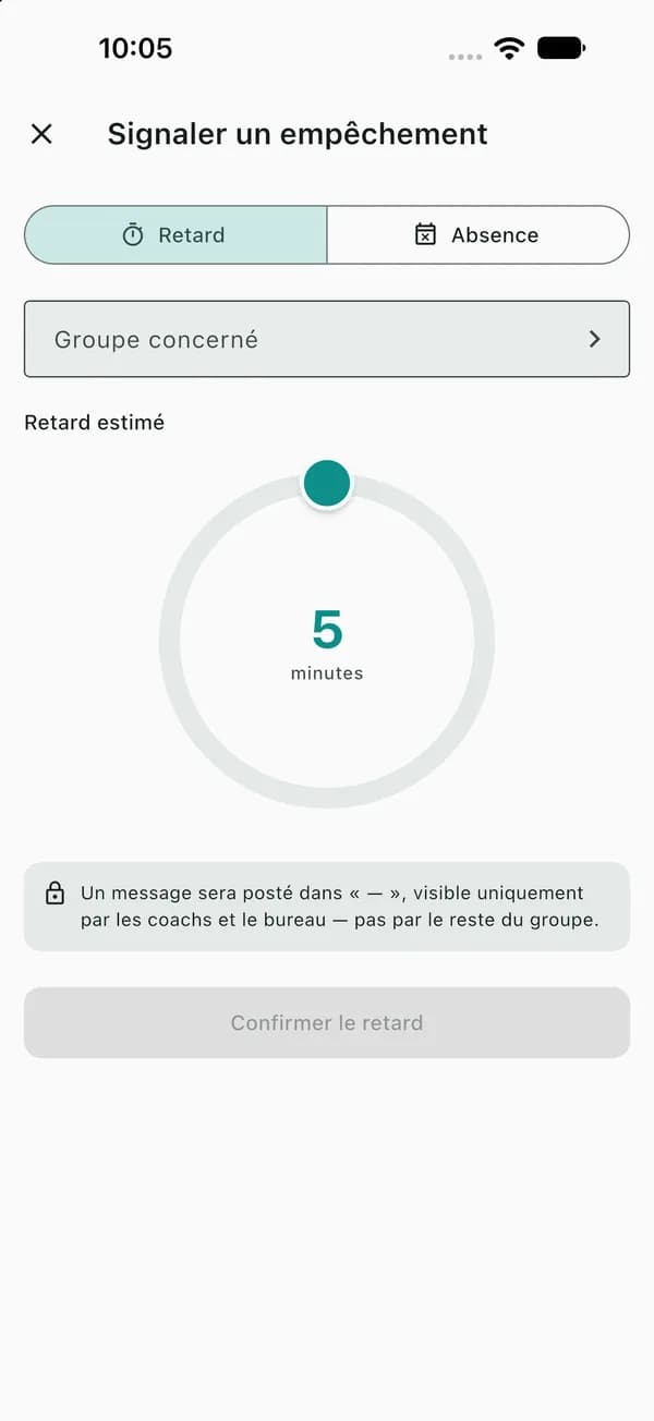 Écran de signalement d'un retard estimé à 5 minutes pour un groupe.
